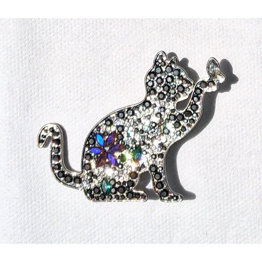 Adorable Black Cat Rhinestone Brooch Pin Antique Silver Metal Glass unmarked